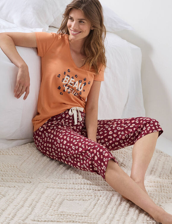 Pantacourt pyjama imprimé "Beautiful" (bordeaux / écru) Pantacourt pyjama imprimé "Beautiful" (bordeaux / écru)
